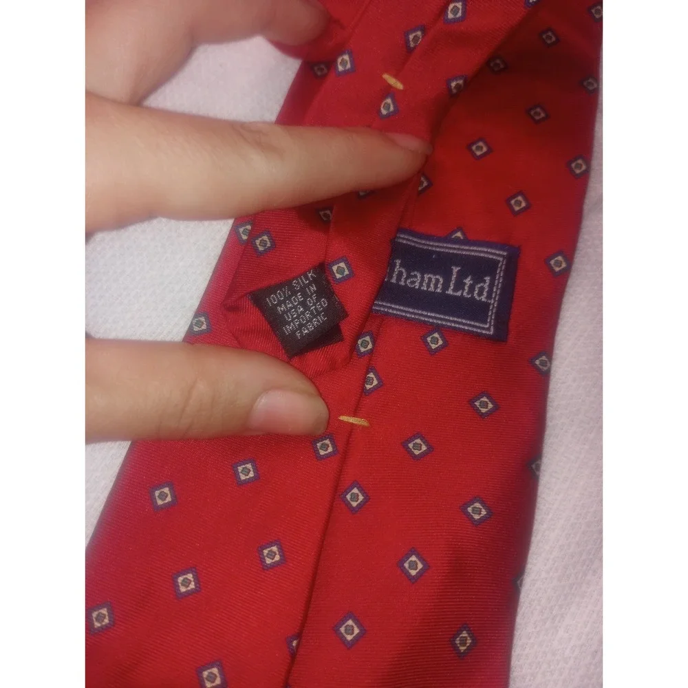 Burnham Ltd Red‎ Squares Silk USA Made Neck Tie Classic Size